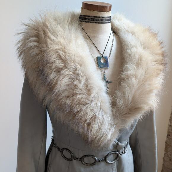 Vintage Leather Penny Lane Coat Grey Cream Fur Trim Trench Afghan Jacket Medium - Picture 6 of 12